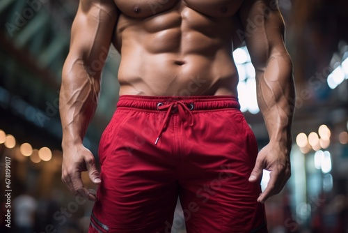 midsection of a muscular man in red short - portrait of a bodybuilder © JK2507