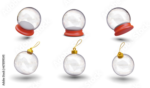 Collection with snow ball with place for object inside, and glass ball. New year toy decoration. Winter holidays and celebrations concept. Vector illustration