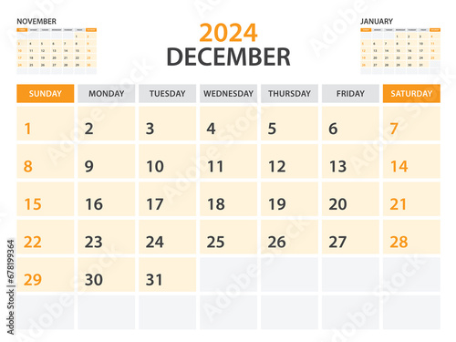 Calendar 2024 template- January 2024 year, monthly planner, Desk Calendar 2024 template, Wall calendar design, Week Start On Sunday, Stationery, printing, office organizer vector, orange background