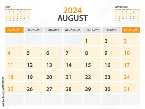 Calendar 2024 template- August 2024 year, monthly planner, Desk Calendar 2024 template, Wall calendar design, Week Start On Sunday, Stationery, printing, office organizer vector, orange background