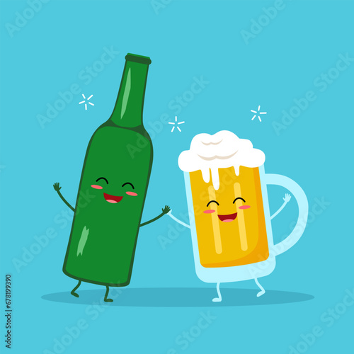 Funny drunk beer glass and bottle cartoon character in flat design vector.