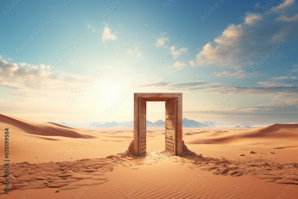 Opened door on desert. new beginning, Unknown and start up concept