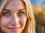 Beauty young blonde bright eyes model on the field, smiling face closeup