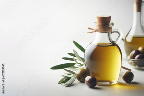 olive oil bottle on white counter with fresh extra virgin olive. ai generative
