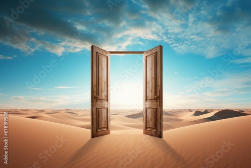 Opened door on desert. new beginning, Unknown and start up concept