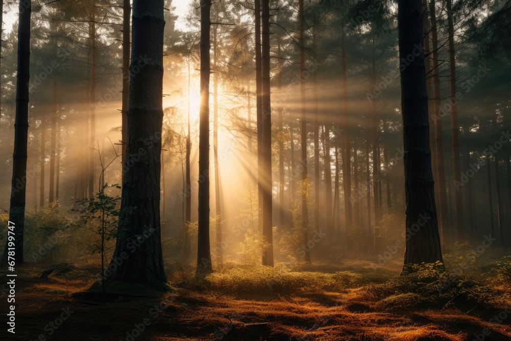 Fototapeta premium Forest nature landscape sunlight trees fog morning sun mist light green autumn