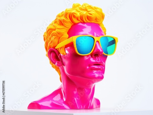 pop art statue head of a man with sunglasses on bright room background