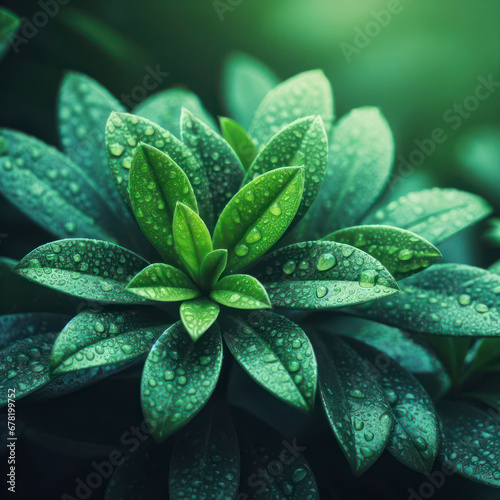 Closeup of green plant leaves with water droplets. ai generative
