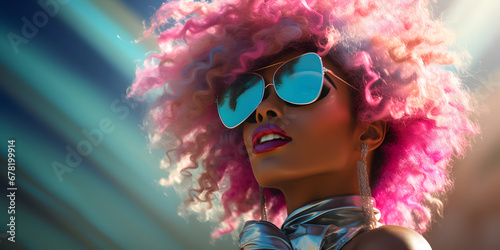 African Woman with a neon hair in style of retro futurism, colorful bright look