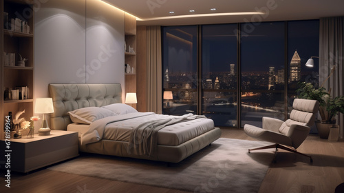 Luxurious Bedroom Interior At Nigh With Messy Bed, Leather Armchairs. generative ai