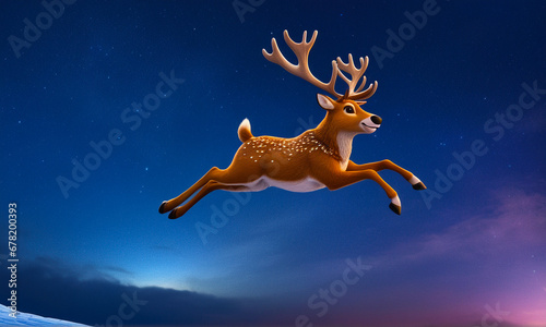 A deer with large antlers smiles and flies across the dawn sky, Generative Ai  © feelsogood