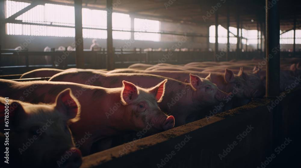 Élevage de cochons en batterie dans une porcherie - obrazy, fototapety, plakaty 