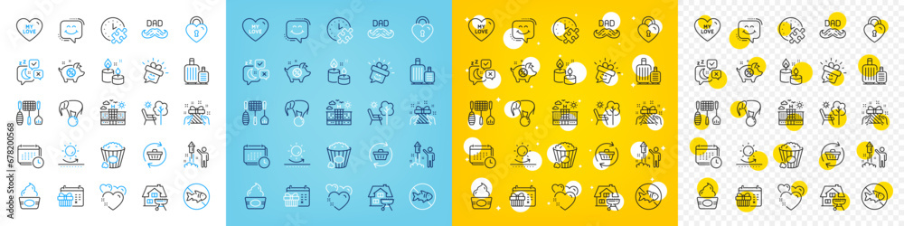 Vector icons set of Smile, Ice cream and Father day line icons pack for web with Elephant on ball, Sun protection, Sleep outline icon. Stop fishing, Baggage, Piggy sale pictogram. Vector