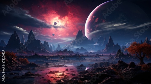 Astronomical scenery of an abandoned planet with cosmic backdrop and mountains. AI generate