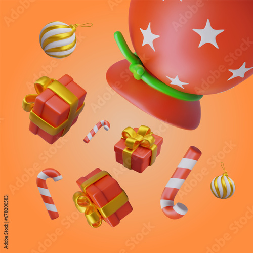 Gifts, sweets, decorative toys are falling out of red bag. Christmas concept. Vector composition on colored background. Promotional announcements, prize draw, bonuses