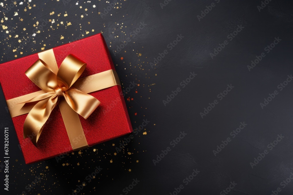 red gift box with golden ribbon on table red gift box with golden ribbon on table