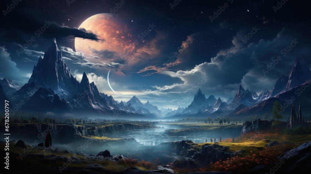 Celestial vista of a forsaken planet with vast mountain ranges under cosmic skies. AI generate