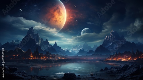 Cosmic vista of a forsaken planet with rugged mountains in the distance. AI generate © PandaStockArt