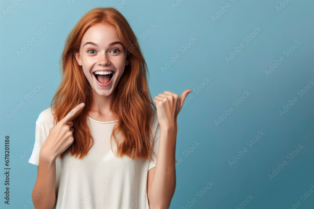 Excited young ginger teenager girl smiling and pointing finger up at copy space expressing wow emotion. ai generative