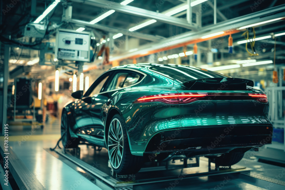 Assembly line for the production of modern cars. The final stage of assembly and testing during production. Quality control. Automated assembly. Modern technologies. Assembly line for the production of modern cars. The final stage of assembly and testing during production. Quality control. Automated assembly. Modern technologies.