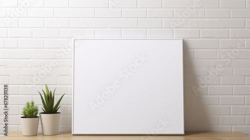 Mock Up Poster on table. White Brick Background white mock up frame hipster background generative ai © Witri