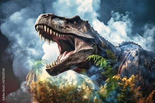 A huge dinosaur Tyrannosaurus T-rex against the backdrop of the primeval jungle. Prehistoric owner of the planet. A terrible predator. © Anoo