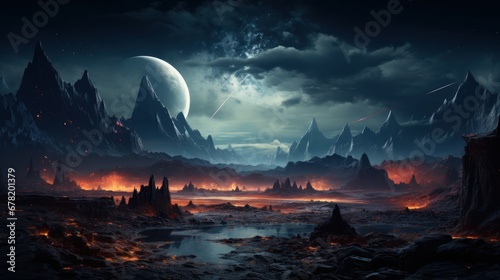 Cosmic vista of a forsaken planet with rugged mountains in the distance. AI generate