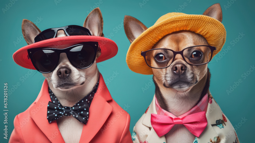 Fototapeta premium A pet duo looking fabulous in their stylish and lively outfits