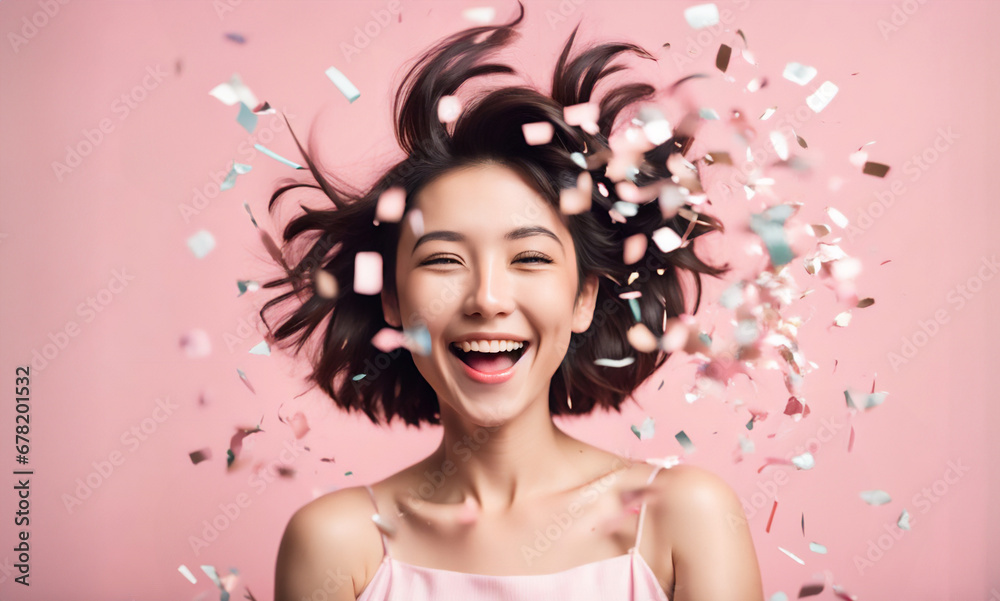 パーティーに出席した若い笑顔の女性|ピンクの背景に紙吹雪が舞う様子 パーティーに出席した若い笑顔の女性|ピンクの背景に紙吹雪が舞う様子