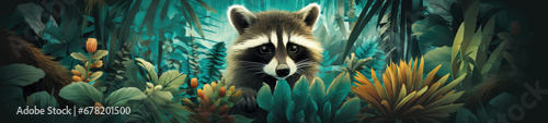 A raccoon gracefully wanders amidst tropical splendor. Dense trees and a leafy congregation create a lush, vibrant haven.