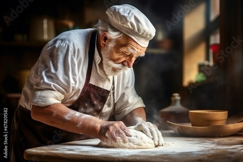 An elderly male baker prepares dough for bread in the kitchen. Kneads dough for baking. Homemade bread production. Fresh bakery. Private production.