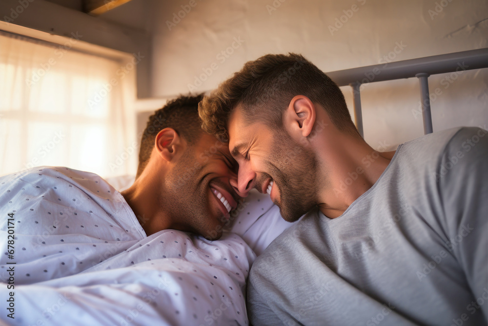 You are the beautiful part of my life. Gay couple spirit men hugging in bed. Romantic feelings. Love. LGBT concept.