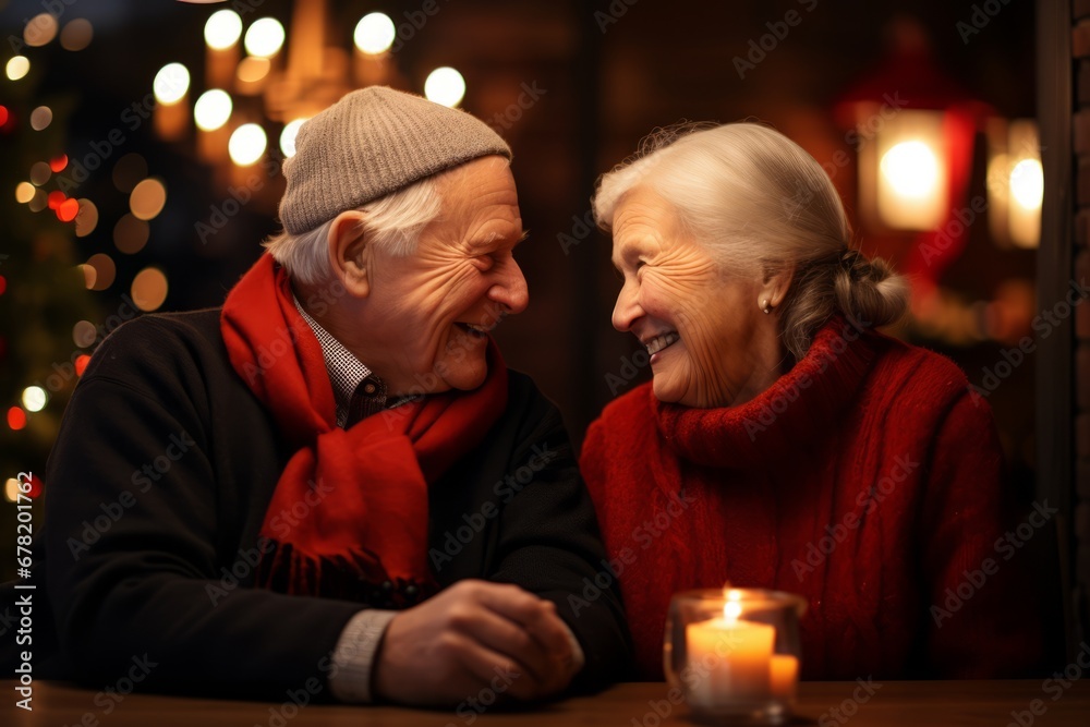 An intimate Christmas Eve scene of an elderly couple enjoying hot cocoa by the crackling fireplace