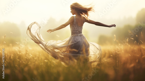 Beautiful smiling carefree woman with opened arms dancing in a meadow enjoying the freedom	 #678201795