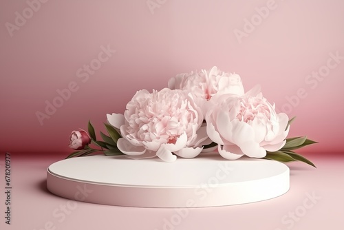 Fototapeta Naklejka Na Ścianę i Meble -  round white podium with pink peonies for product presentation, branding, packaging
