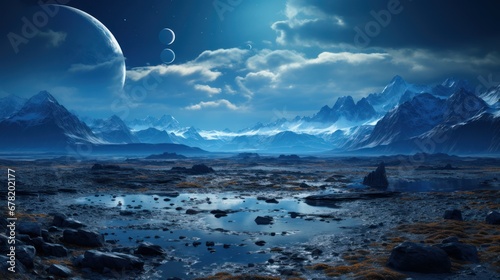 Extraterrestrial world with a desolate terrain and majestic mountain peaks. AI generate