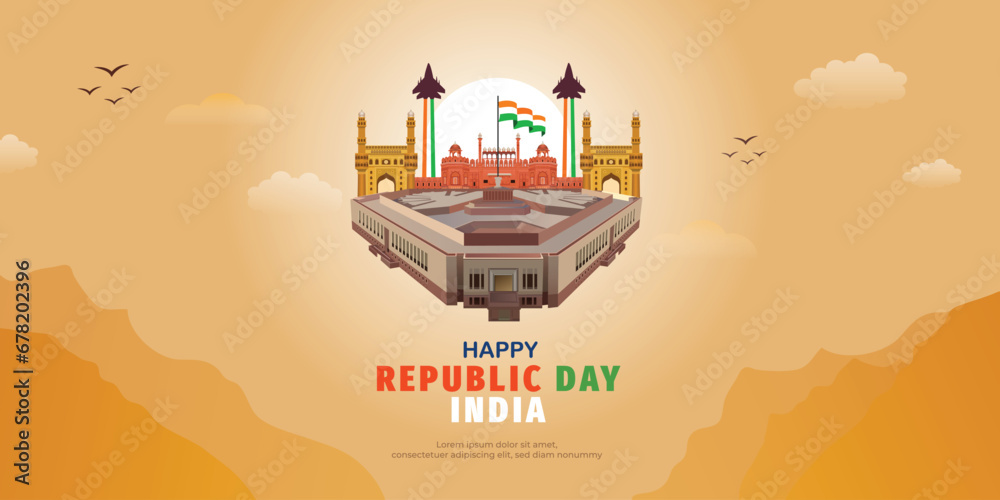 Happy republic day India wishing, greeting banner or poster with red fort background design vector illustration - obrazy, fototapety, plakaty 