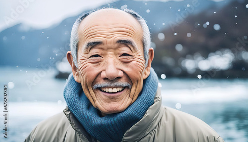 Elderly aisan man enjoying the winter outdoors with copy space photo