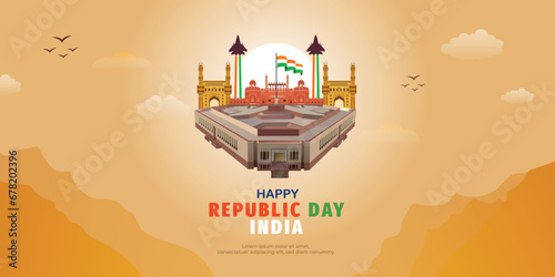Happy republic day India wishing, greeting banner or poster with red fort background design vector illustration photo