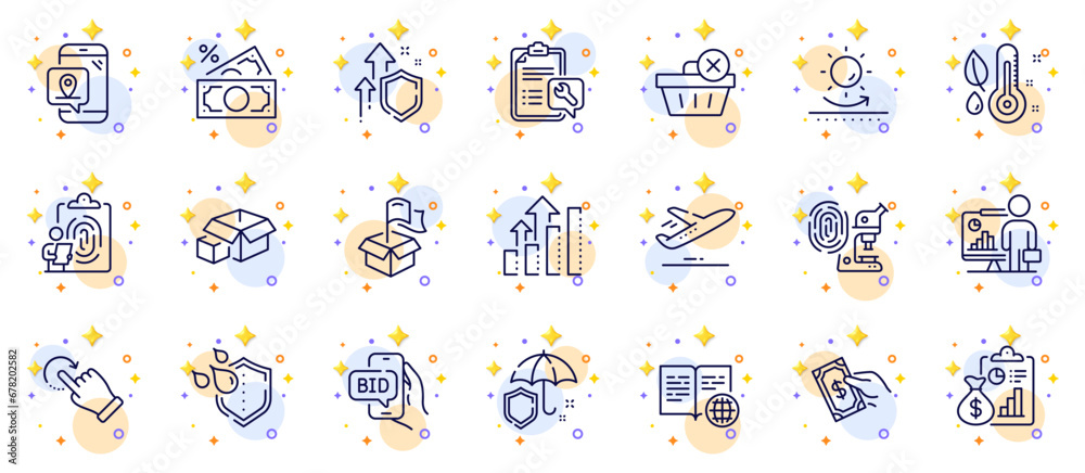 Outline set of Pay money, Delete purchase and Report line icons for web app. Include Spanner, Money tax, Sun protection pictogram icons. Improving safety, Bid offer, Analysis graph signs. Vector Outline set of Pay money, Delete purchase and Report line icons for web app. Include Spanner, Money tax, Sun protection pictogram icons. Improving safety, Bid offer, Analysis graph signs. Vector