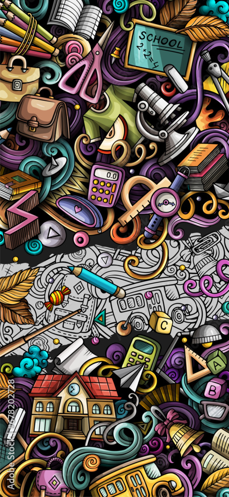 Fototapeta premium School hand drawn doodle banner. Cartoon vector detailed flyer.