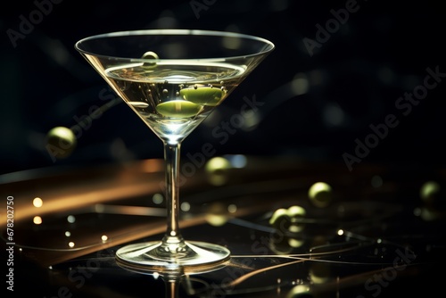 An intimate view of a shiny olive in a martini glass marking the commencement of New Year festivities