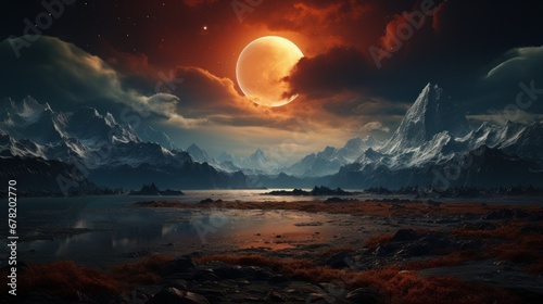 Scenery featuring an abandoned planet and cosmic backdrop with mountains. AI generate