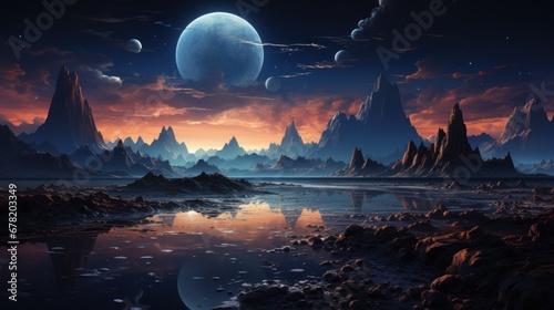 Landscape of an alien planet with cosmic backdrop and mountain ranges. AI generate