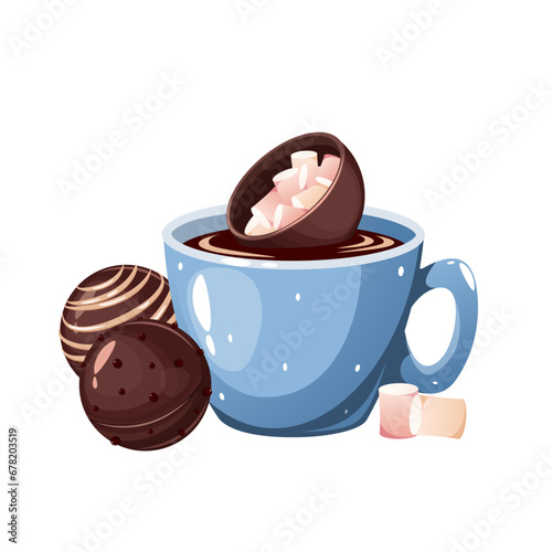 A mug of hot milk with a chocolate bomb. Cocoa bombs made of chocolate with marshmallows.	