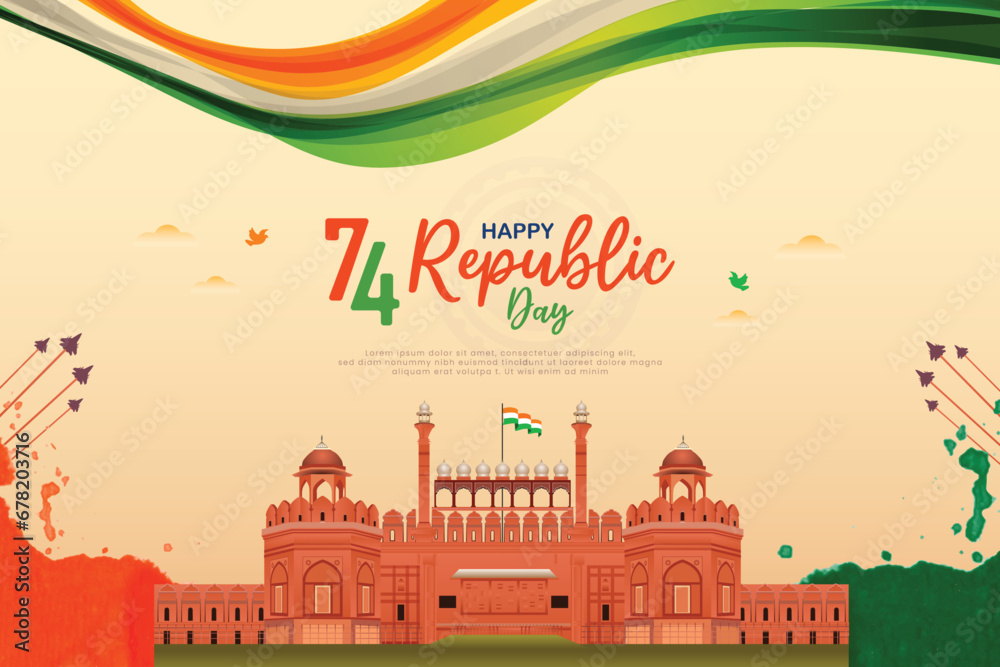 Happy republic day India wishing, greeting banner or poster with red fort background design vector illustration - obrazy, fototapety, plakaty 