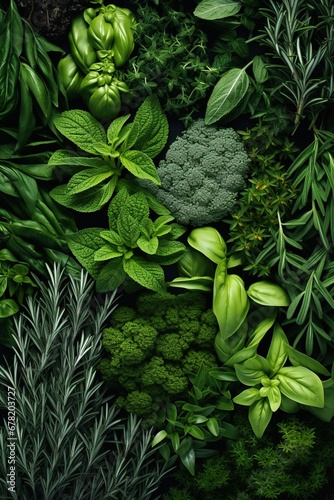 Various fresh herbs close up view. photo