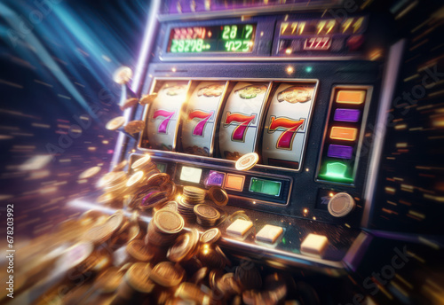 Casino slot machine closeup, spin gamble game, lucky sevens, money coins falling