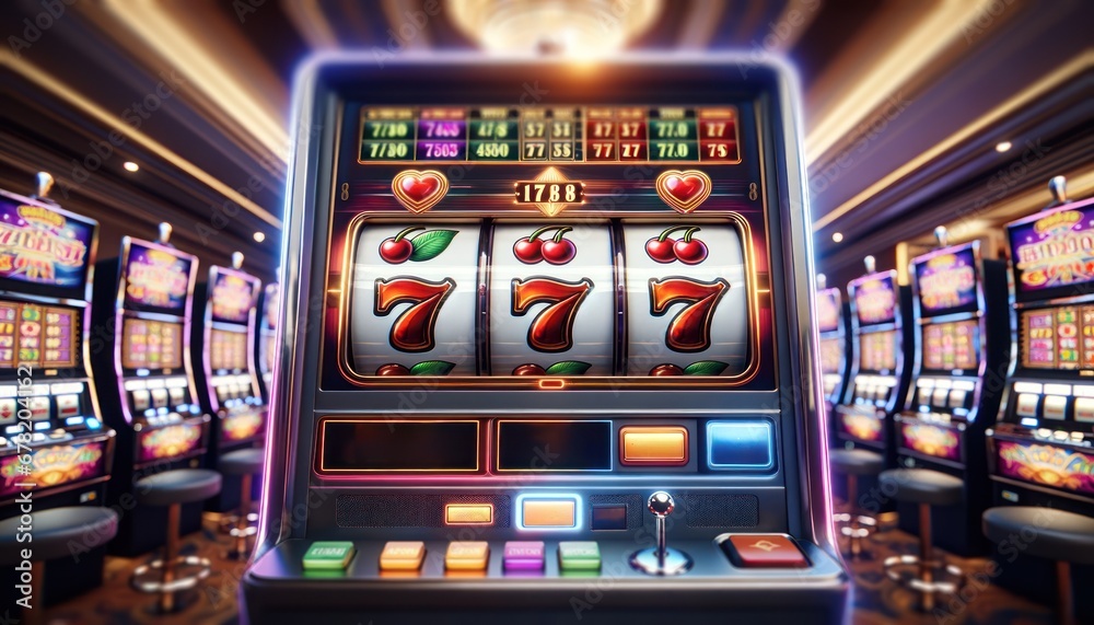 Casino slot machine closeup, bar spin gamble game, lucky sevens 