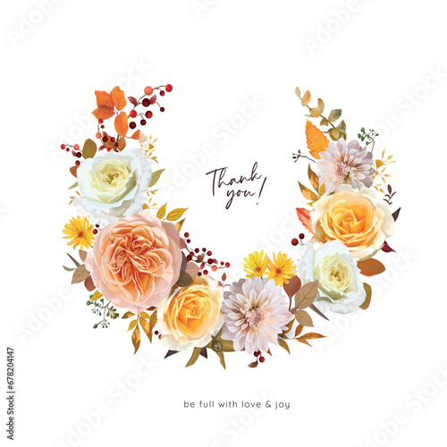 Fall flowers wreath bouquet. Watercolor vector floral illustration. Wedding invite, Thanksgiving thank you card template design. Peach yellow rose, dahlia, red berries orange eucalyptus leaves element